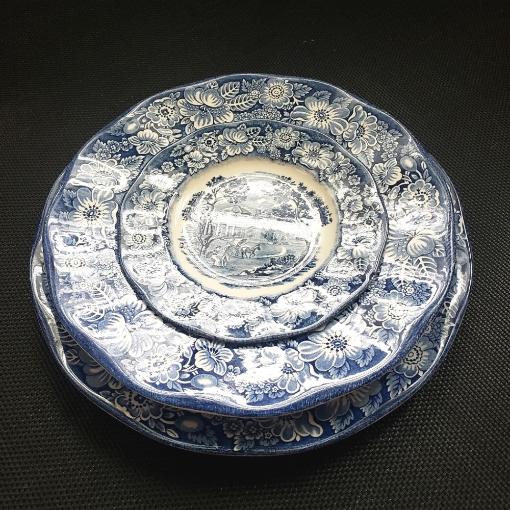 Liberty Blue 3pc Place Setting Staffordshire Ironstone Colonial Scenes Set - Picture 2 of 5